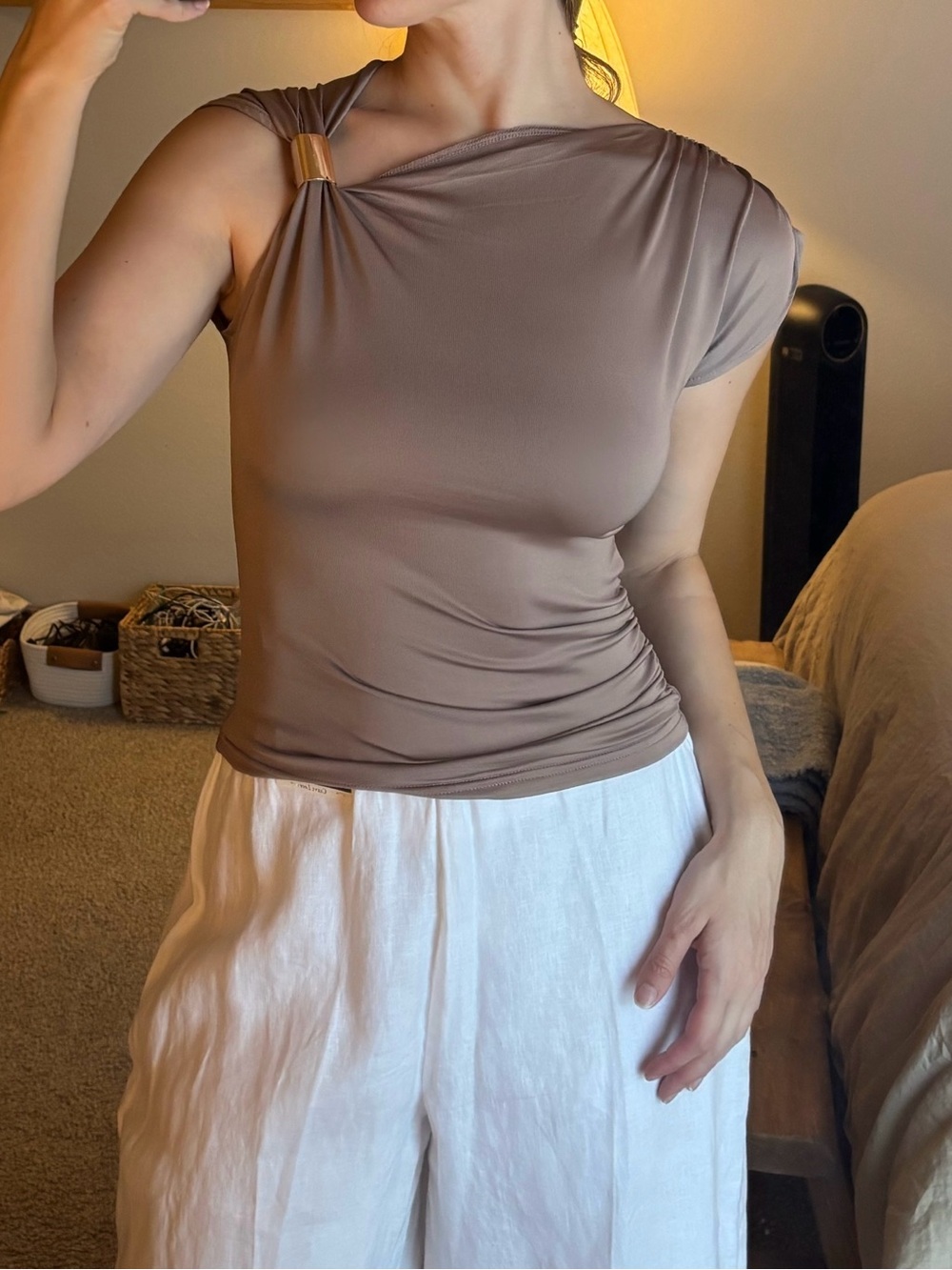 One-Shoulder Taupe Short Sleeve Top with Decorative Ring
